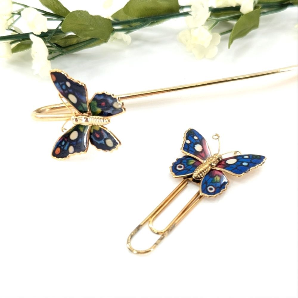 Butterfly Gold Tone Blue 3D Cottage Glam Retro Office Bookmark Paper Clip Set